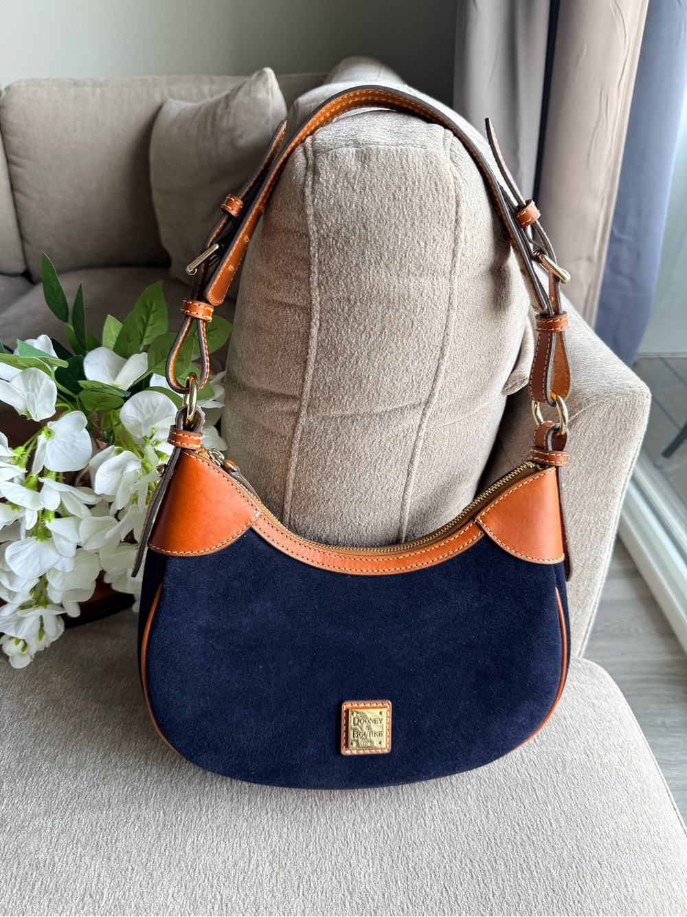 Dooney & Bourke Navy Suede and Tan Leather Shoulder Bag NWT